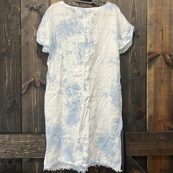 Magaschoni Cloudy Tie Dye‎ Dress M Blue White Frayed Raw Hem Boho Cuffed Short - Picture 5 of 10